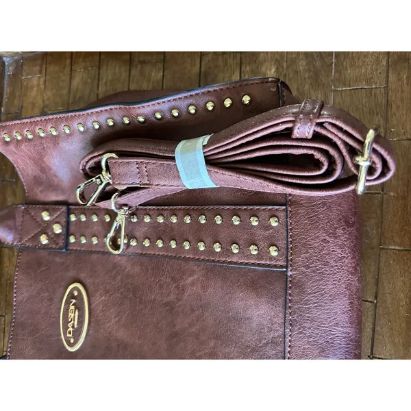 Dasein Brown Vegan Leather Studded Tote Bag Satchel with Matching Pouch Gold EUC - Image 9