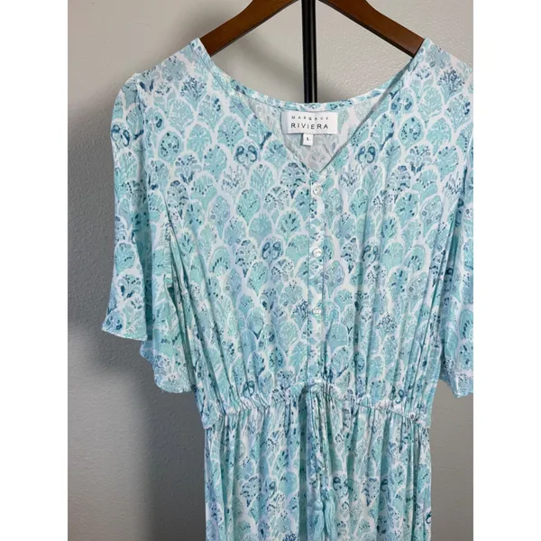 Margaux Riviera Blue White Print Viscose Maxi Dress Flutter Sleeve Size L - Image 5