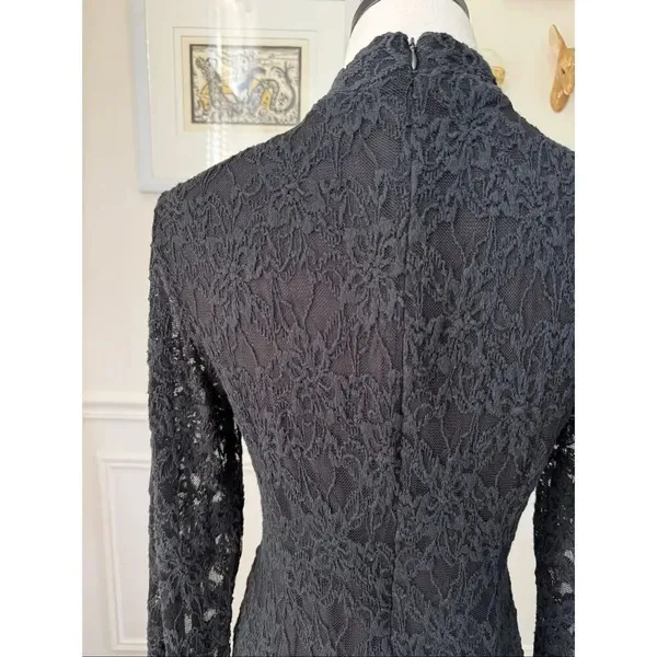 Bardot Stretchy Black Lace Long Sleeve Mock Neck Skater Dress M 6 - Image 4