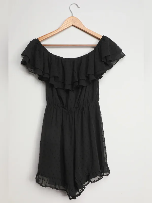 Lulus Frilled to Bits Black Swiss Dot Off-the-Shoulder Romper Size Small NWT - Image 7