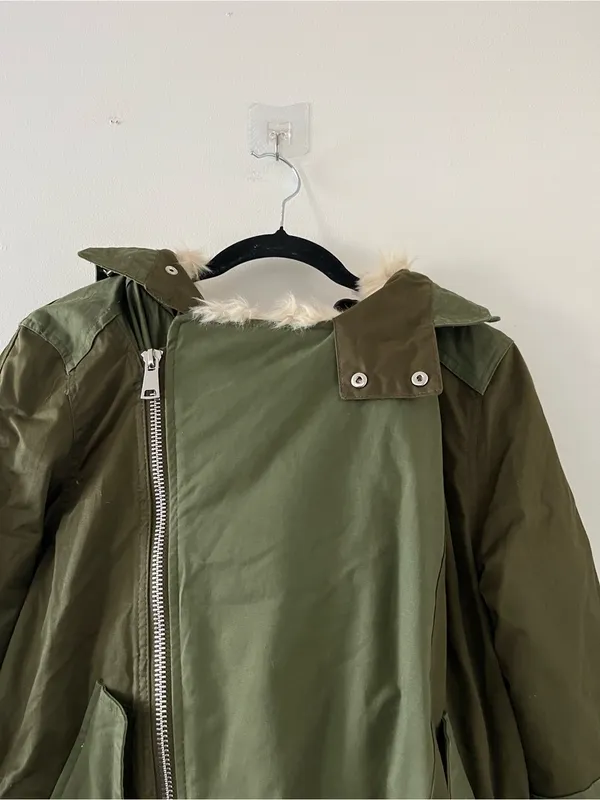 Zara Olive Green Faux Fur Hooded Parka Jacket XS Utility Military Winter Outdoor - Image 2
