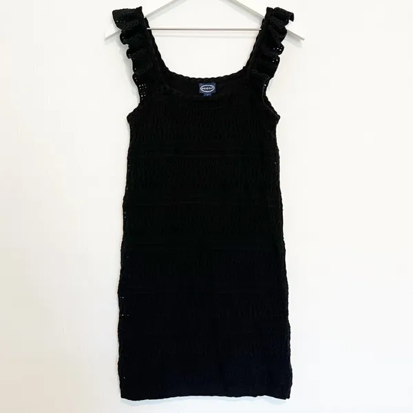 Crochet Mini Dress Size S Black Ruffle Strap Open Knit Lined Party Dark Coquette - Image 3