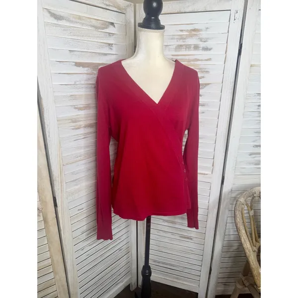 CABI Women's Medium Ballet Wrap Cardigan Sweater Red Cotton Angora Rabbit Hair - Image 4