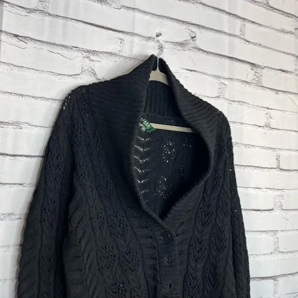 Vintage Lauren Ralph Lauren Black Cotton Puff-Sleeve Button Front Cardigan M Y2K - Image 3