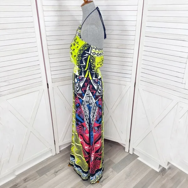 Alya Tribal Print Beaded Maxi‎ Halter Dress Neon Yellow Multicolor Small - Image 3