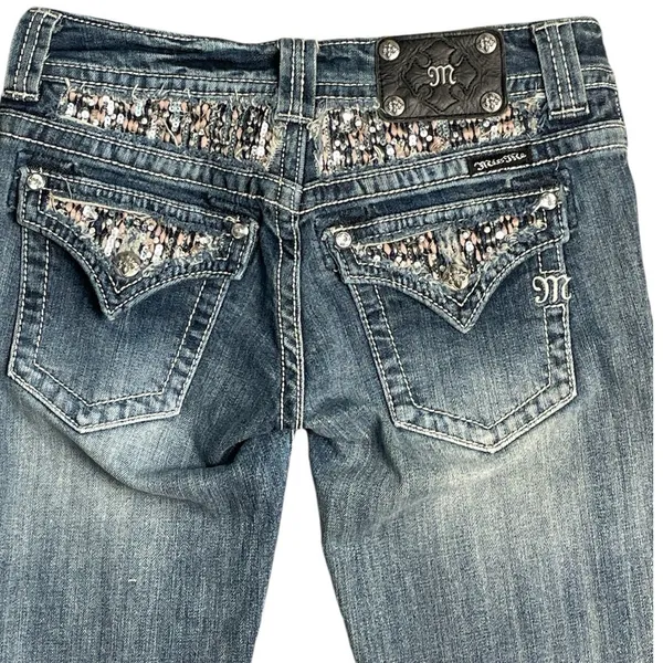 Miss Me Y2K Skinny Embellished Medium Wash Saddle Stitch Low Rise Jeans‎ Size 27 - Image 6