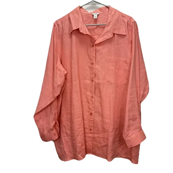 LL Bean Coral Orange Premium Washable Linen Long Sleeve Button‎ Up Shirt Size 1X - Image 3
