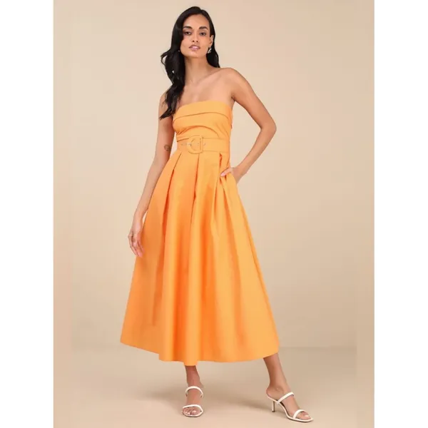 Lulus Trendsetting Choice Orange Strapless Midi Dress Pockets Size Small Wedding - Image 3