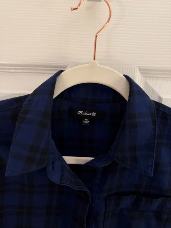 Madewell Navy Blue Arion Plaid Wrap Front Shirt XS - Image 6