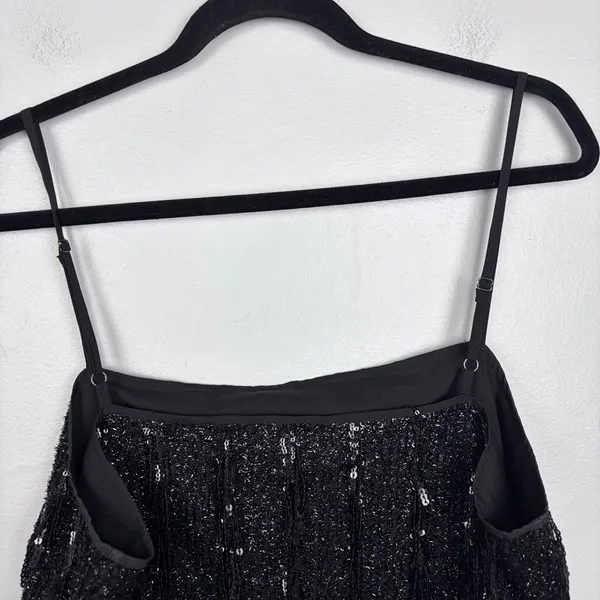 Loft Sequin Fringe Square Neck Cami Black Party Top‎ Evening Glam Size Large - Image 7