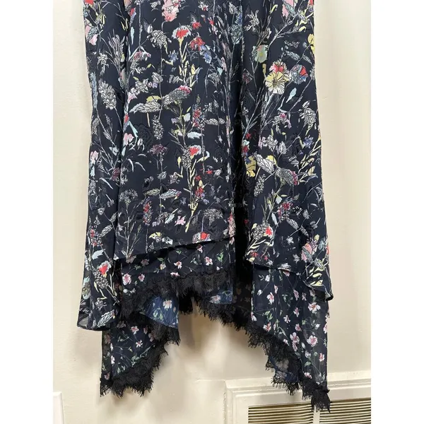 FOXIEDOX Carolina Floral‎ Midi Lace Trim Dress Blue Whimsy Asymmetrical Hem Sz 8 - Image 5