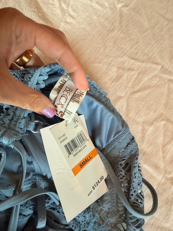 BECCA by Rebecca Virtue 711187 NWT Lace One Piece Swimsuit Steel Blue High Neck Size Small - Image 4