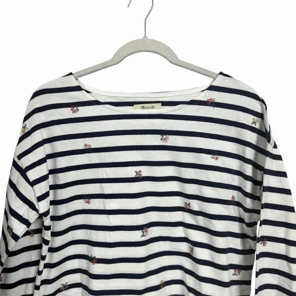 Madewell Sz S Navy Blue White Striped Cropped Top Cross Stitch Long Sleeve NWT - Image 2