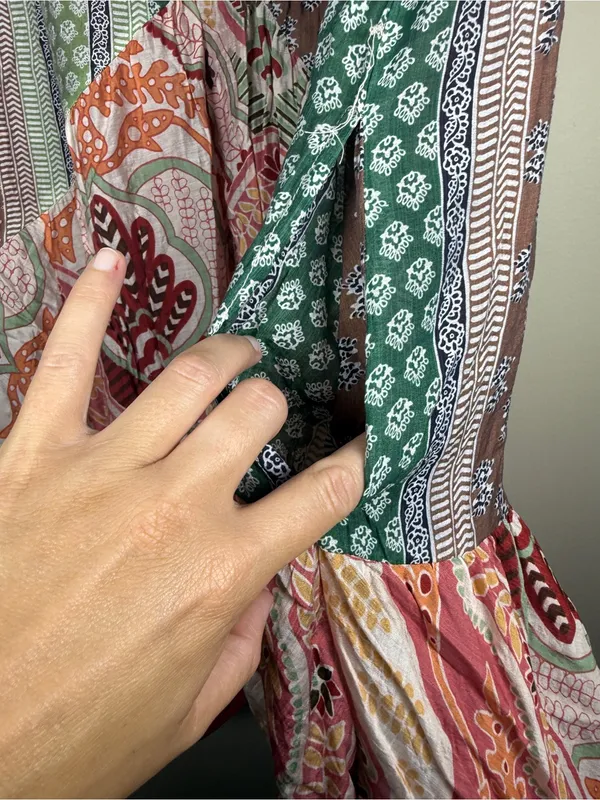 Boho Patchwork mixed floral print oversize SZ S ruffle mini dress by Blue Velvet - Image 3