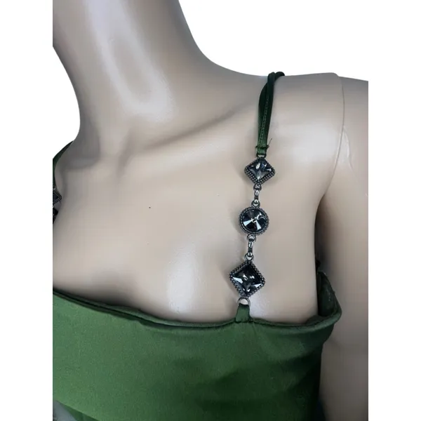ZARA Green Satin Long Dress With Rhinestone Spaghetti Straps - Image 2