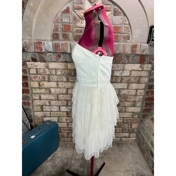 Adrianna Papell dress strapless formal cream jeweled sheer tired skirt - Image 5