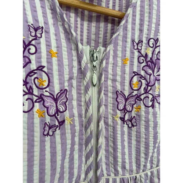 The Country Store Embroidered Zip‎ XL Seersucker Robe Purple Striped House Dress - Image 3