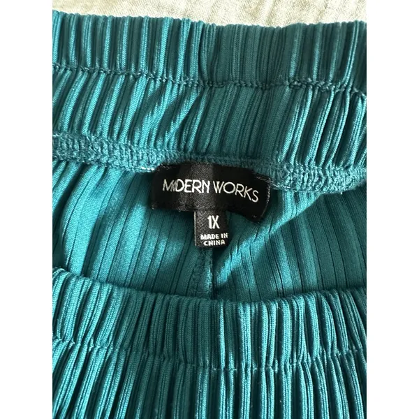 Modern Works Women's Plus Elastic Waist Pull-on Teal Crinkle Wide Leg Trouser 1X - Image 5