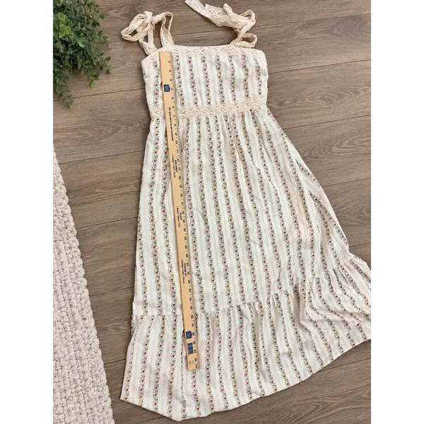 Cream Floral Cotton Maxi Dress Lace Tie Cottagecore Tiered Ruffle M - Image 10