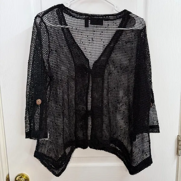 Nina Leonard black loose crocheted net drapey button‎ cropped sleeve cardigan L - Image 6