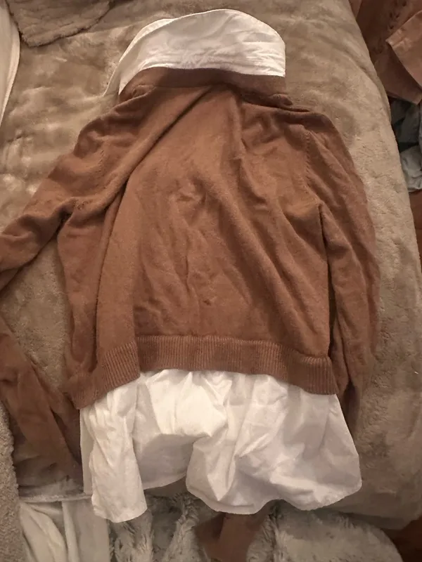 Brown collared cardigan white button up layered top - Image 4