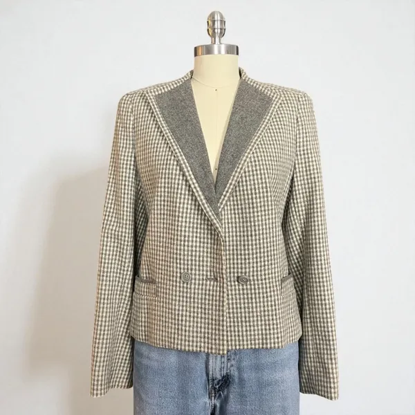 Vintage 90s Cropped Wool Blend Grey & Cream Pointed Lapel Gingham Check Blazer - Image 2