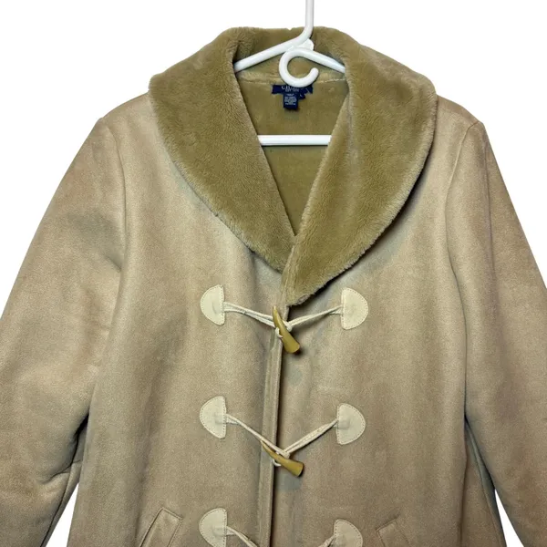 Chaps Women's Faux Suede Coat Jacket Toggle Front Sherpa‎ Collar Beige Mobwife - Image 3