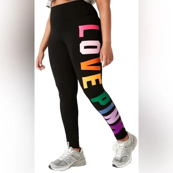 NWT Pink Victoria's Secret Leggings Small Black Rainbow Love Pink Logo High Wais - Image 5