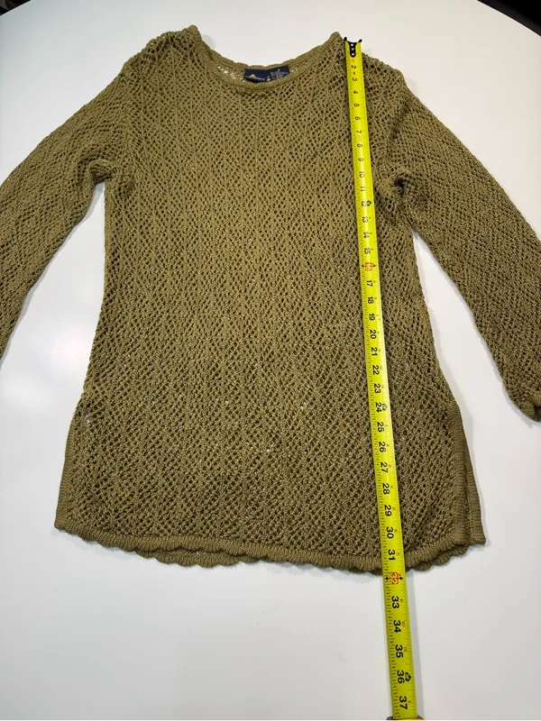 Liz Sport Linen Cotton BlendSheer Olive Green Open-Knit Long Sleeve Swim Coverup - Image 3