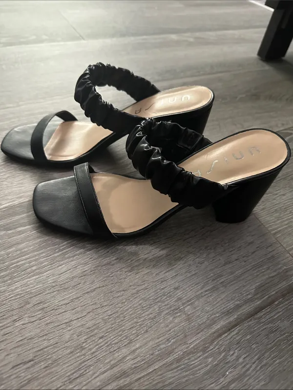 Unisa Black Ruched Strap Block Heel Sandals - Sleek Evening Mules - Image 3