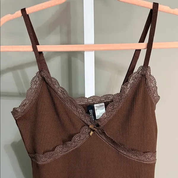 Divided Brown Lace Trim Ribbed Dress Small Y2K Coquette Dark Feminine Romantic‎ - Image 3