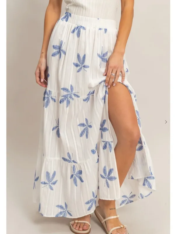 HYFVE Blue Botanical Vacation Tiered Maxi Skirt Side Slit Large - Image 2