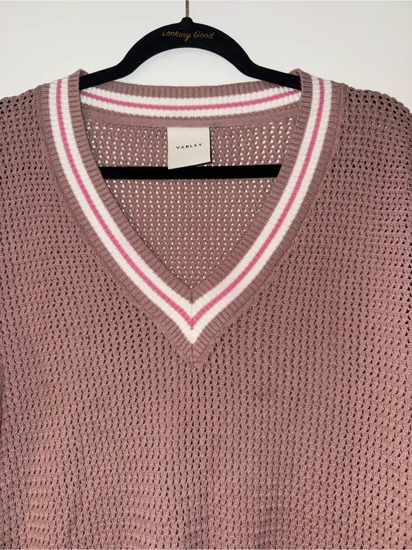 Varley Women’s V-Neck Knit Sweater Brown with Pink & White Detailing NWOT - Image 4