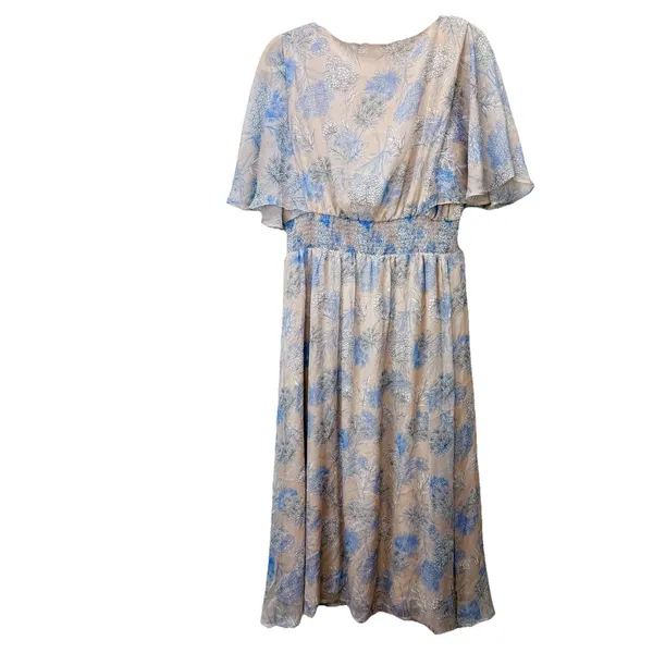 Lulus Subtle Romance‎ Beige Blue Floral Ruffle Flutter Sleeve Midi Dress Size XL - Image 9