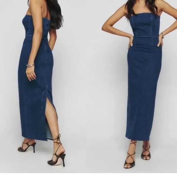 Reformation Eugenia Denim Midi Dress Women‎ Dark Blue Strapless 10 - Image 2
