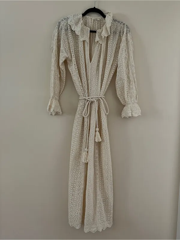 Doen Persephone Cream Eyelet Midi Dress with Tassel Belt in Magnolia NWT sz XXS - Image 5