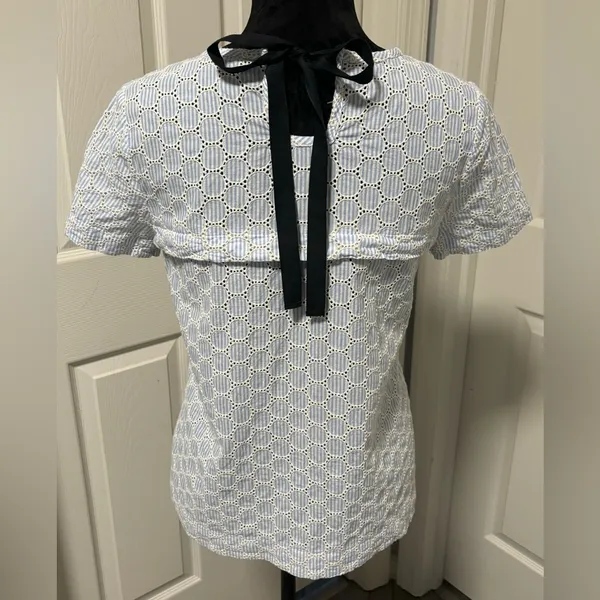 J.Crew Seersucker Eyelet Top • Blue & White • Short Sleeve • Summer - Image 6