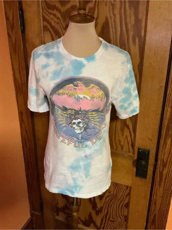 Junk Food Grateful Dead Tie Dye Graphic Tee XS Blue White Skull Roses Eagle Tee - Image 5