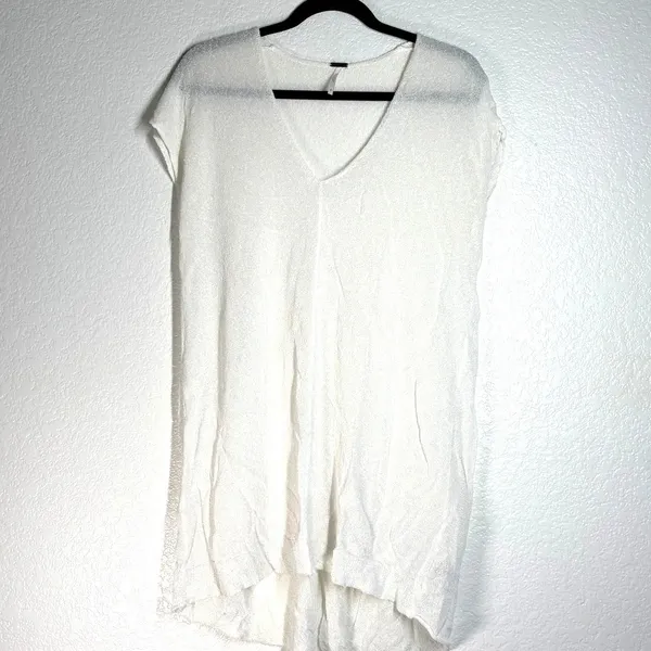 Free People S Deep, V-neck cap sleeve beach cover-up Sheer Knit Tunic Top white - Image 2