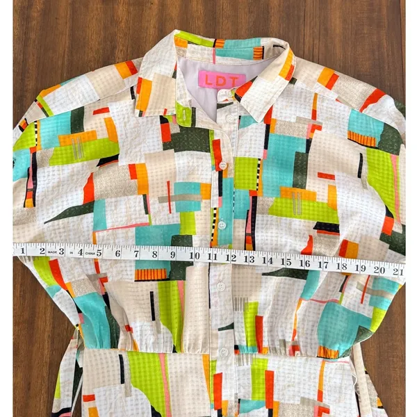 LDT Multi-Color Geometric Abstract‎ Print Button Front Midi Shirt Dress Size 6 - Image 8