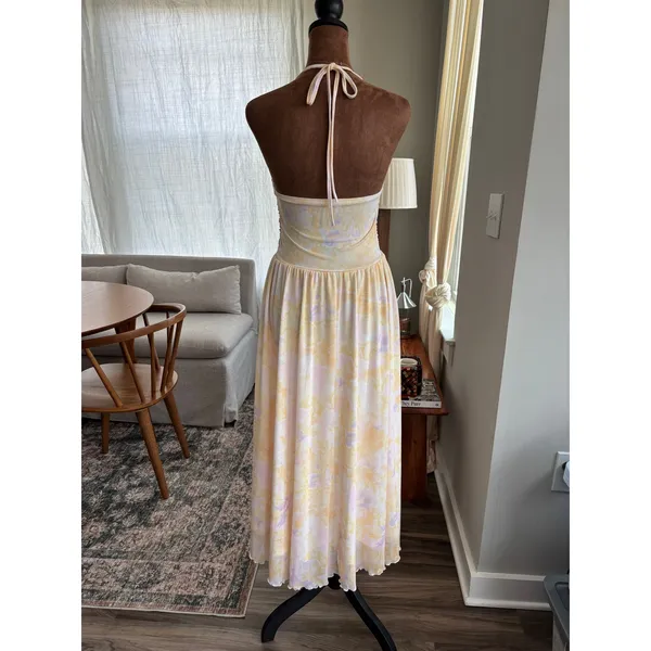 Pastel Watercolor Floral Mesh Halter Midi Dress Ruched Summer Girly Whimsy Small - Image 2
