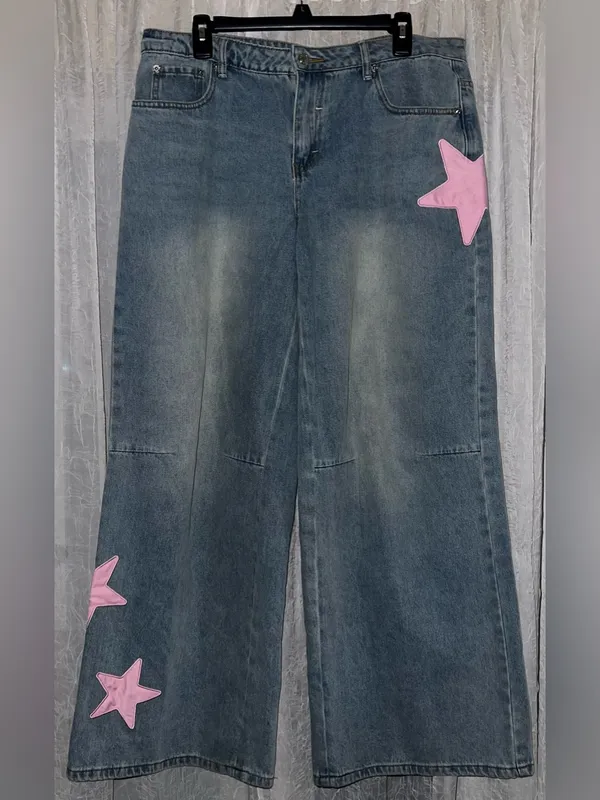 NWOT Edikted Trish Star Low Rise Wide Leg Jeans size large pink star patch’s - Image 2