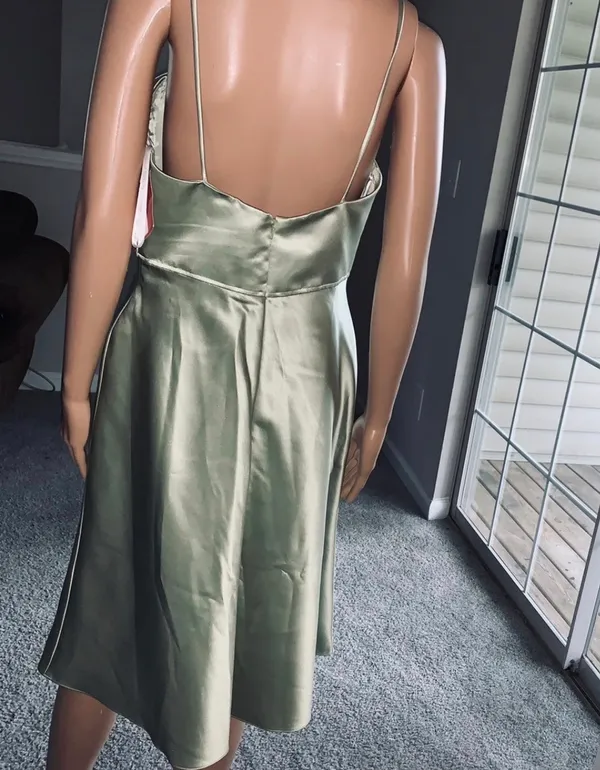 Watters & watters design Spaghetti Strap Pleated A-Line Midi Satin mint green - Image 4