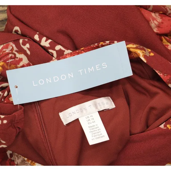 NWT London Times Jersey Knit Floral Sheath Dress Rust Orange / Gold 14 - Image 7