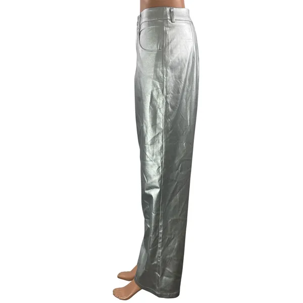 Commense Women's Silver Metallic High Rise Baggy Wide Leg Trousers Pants Size M - Image 2