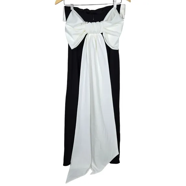 Lulus Fabulous Phenomenon Black White Strapless Bow Midi Dress Wedding Guest - Image 4