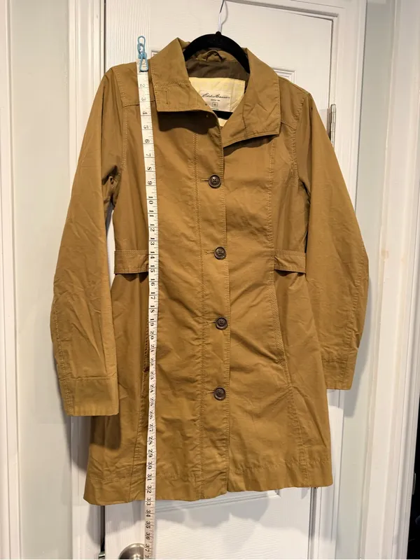 Eddie Bauer Size XS Tan Khaki Button Front Lined Mid Length Trench Coat Jacket - Image 7