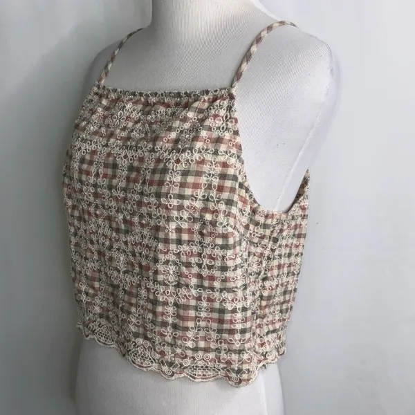 American Eagle Gray & Red Checkered Cropped Spaghetti Strap Tank Top L - Image 6