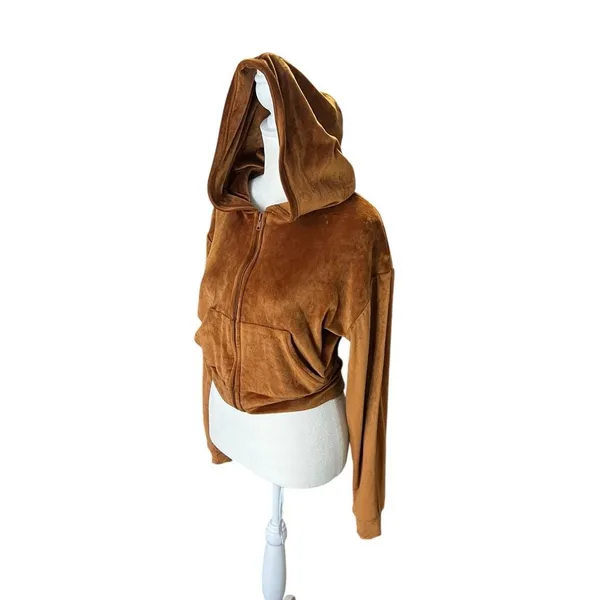 Brown Velour Cropped Zip Hoodie Y2K Cozy Lounge Jacket Small - Image 4