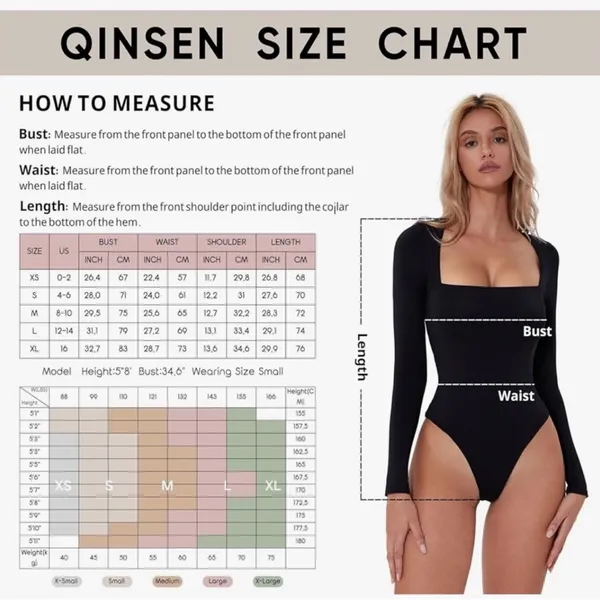 QINSEN Women's Sexy Square Neck Bodysuit Long Sleeve Double Lined Shirt Top - Image 4